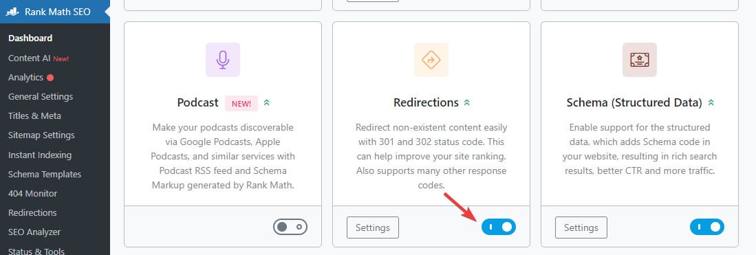 Rank Math SEO Redirection turn on