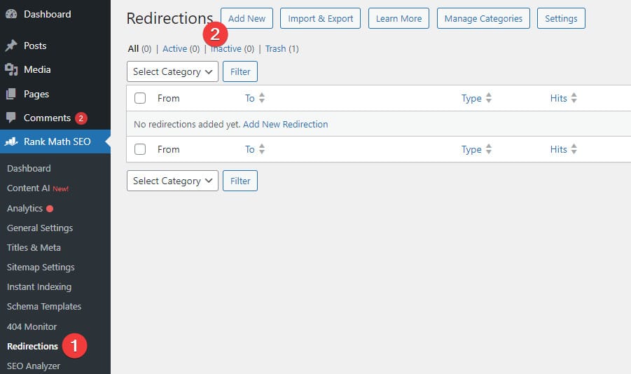 Rank Math SEO >> Redirection >> Add new