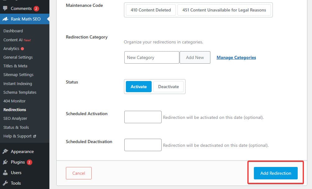 Rankmath add redirection button