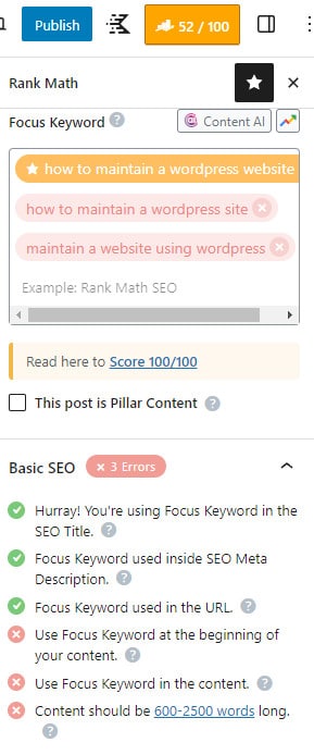 Rank Math SEO score