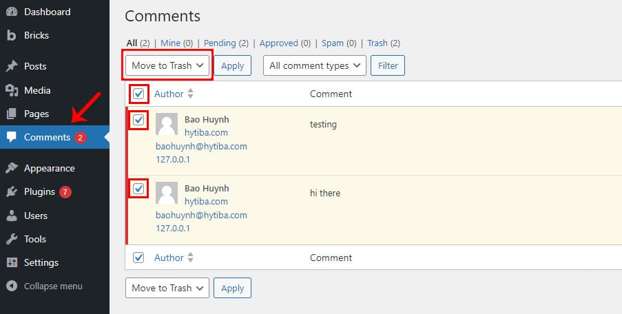 how to bulk delete comments WordPress