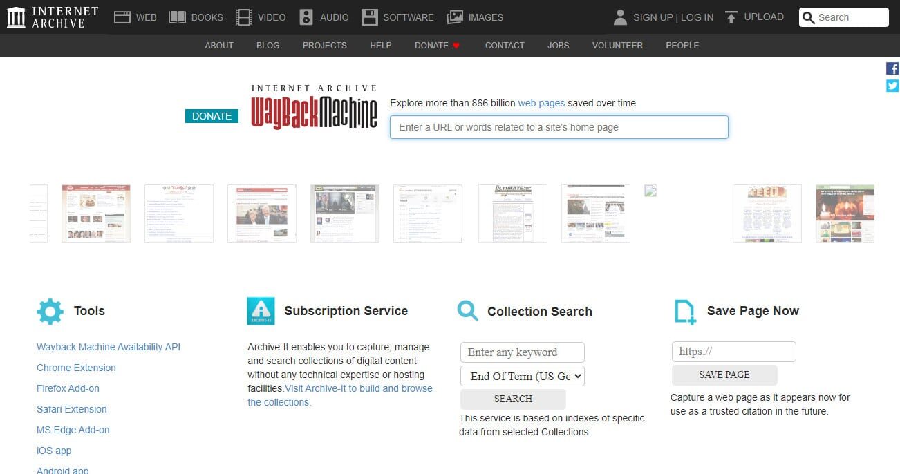 Wayback machine homepage