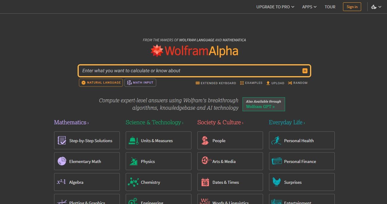 Wolfram alpha homepage