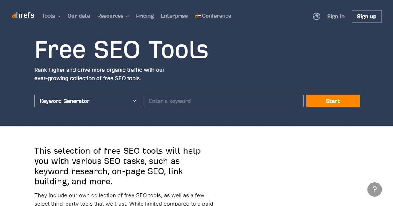 Ahrefs free SEO tools page