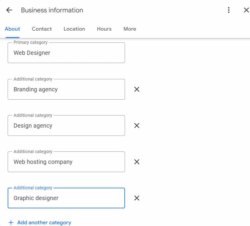 Google my Business secondary categories