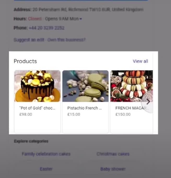 Google my business product listing example