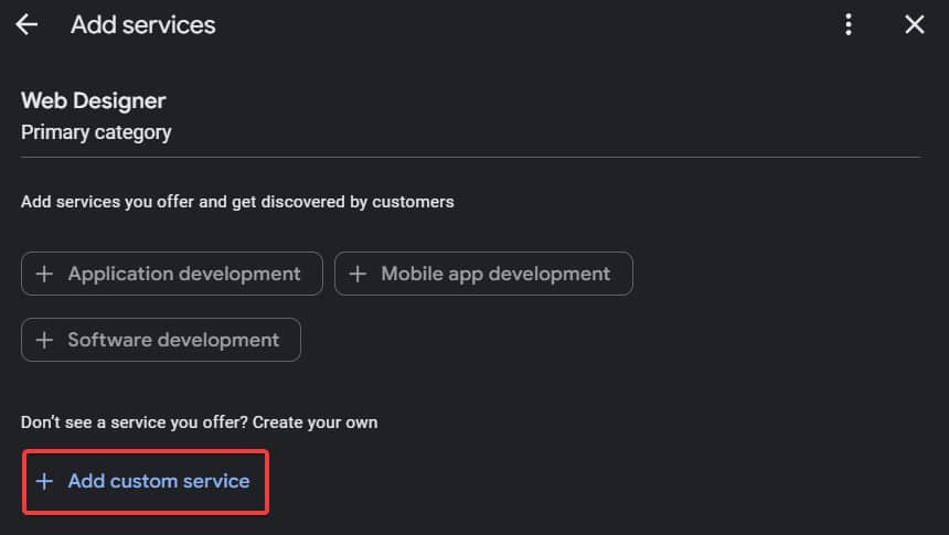 Google business profile add custom services button