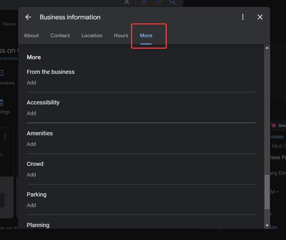 Google business profile business information more section