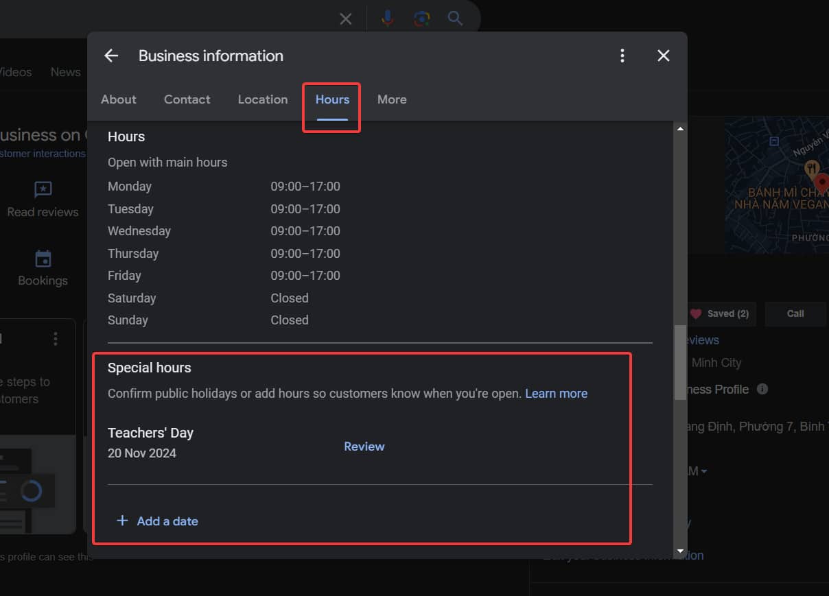 Google business profile special hours